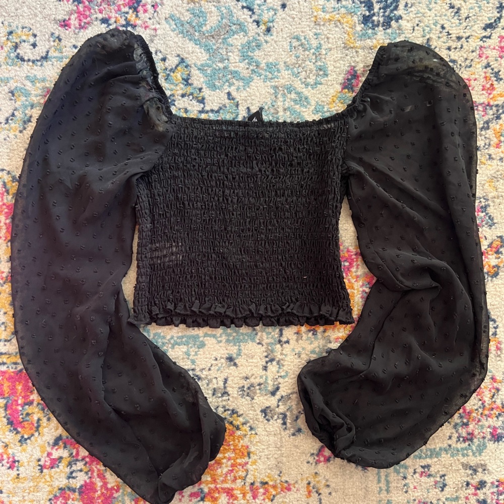 Black Smocked Top with Sheer Sleeves